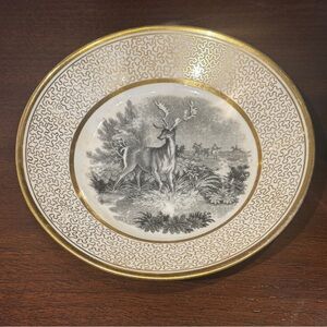 19c Antique Early Staffordshire Transferware Dish with Gilt Vermicelli Border